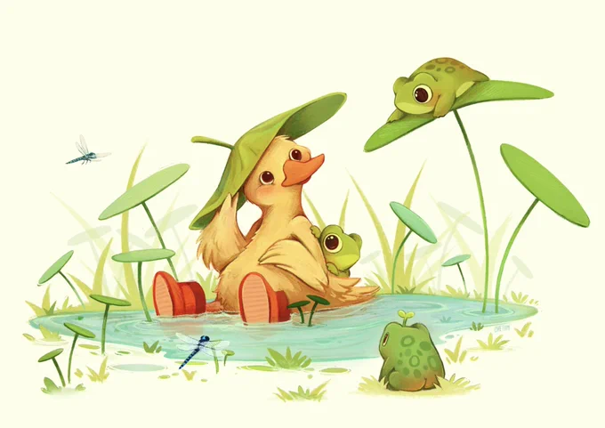 a tiny duck wearing red boots sitting in a pond surrounded by cute tiny frogs whimsical illustration by chetom