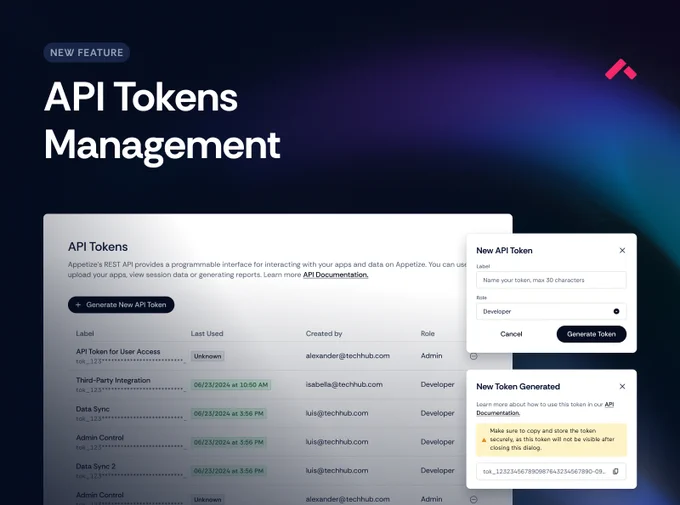 You can now create, view, revoke, and manage your tokens directly from the Appetize dashboard.