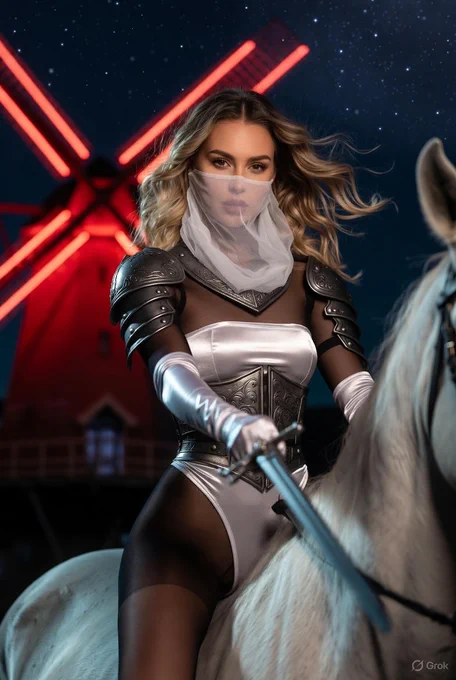 "attire": "metallic knight armors on her shoulders and armor corset, on top of White satin tube-top leotard. Underneath the leotard, her whole body is completely covered with black pantyhose encasement. On top of the black pantyhose encasement, she wears white satin long opera gloves. White chiffon naturally covers her mouth and nose."