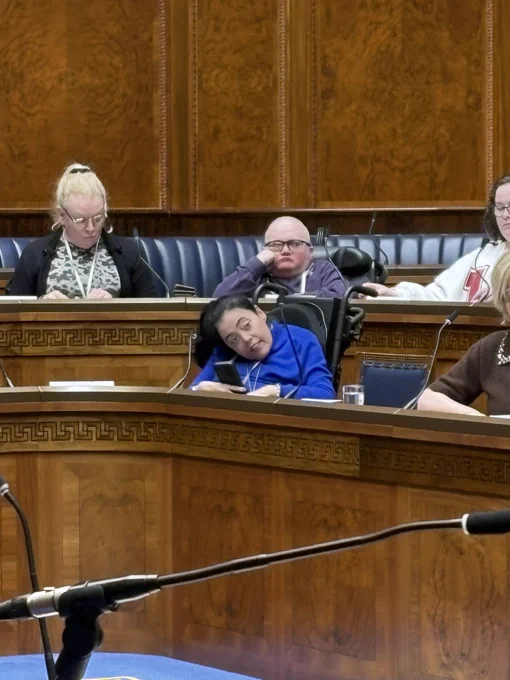 Joanne Sansome in the Assembly chamber at the disabled people’s Parliament.