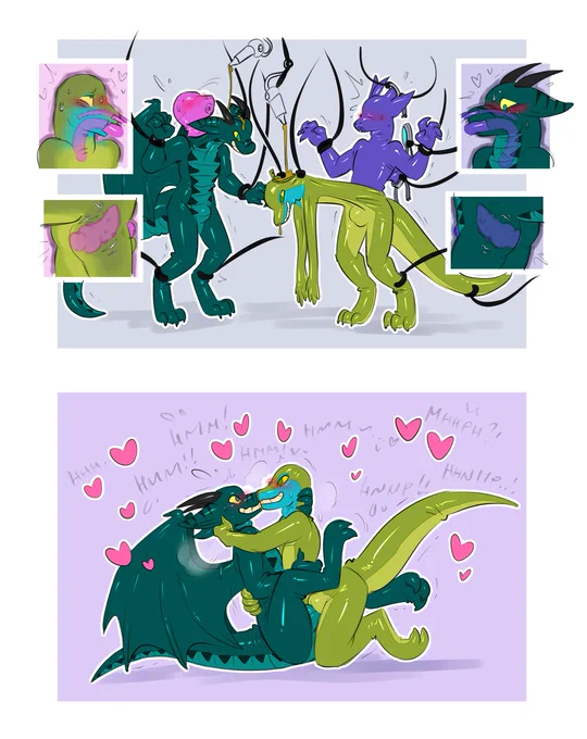 Lazlo and Dragone, encased from head to toe in pink and purple null latex suits stuffing their faces with nose tubes and a dildo so massive it bulges into their throats on top of caging their shafts and shoving a prostrate plug up their rears, are forced into latex suits of each other lined with permanent glue~

Afterward, the two helpless shiny reptilian dolls can only hug and grind their glued snouts on each other helplessly, with muffled loud moans filling the room and their useless bulges humping one another in a futile act to get some pleasure <3