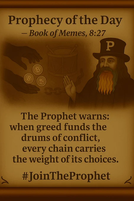 A parchment-style scroll features the Prophet wearing a black top hat with a golden “P” and a red-white-blue beard.
On the left side, shadowy hands pass glowing coins while a broken blockchain chain hangs beneath a war drum symbol.
Centered on the scroll is the prophecy:
“The Prophet warns: when greed funds the drums of conflict, every chain carries the weight of its choices.”
At the bottom: #JoinTheProphet.