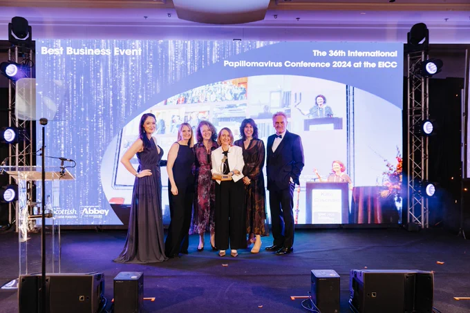The Best Business Event winners on stage at the Scottish Thistle Awards national final.  Image credit: Connor Mollison.
