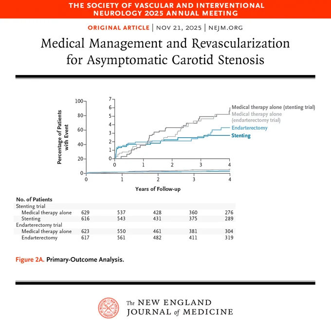 The Society of Vascular and Interventional Neurology 2025 Annual Meeting 
Original Article | NOV 21, 2025 | NEJM.org 
Medical Management and Revascularization for Asymptomatic Carotid Stenosis 

Figure 2A. Primary-Outcome Analysis. 

The NEJM signature sits at the bottom. 