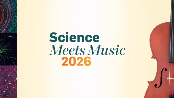 Violin on yellow background, with text that reads: Science Meets Music 2026 