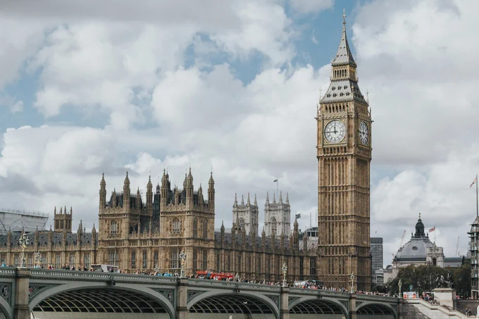 Houses of Parliament viewed from across Westminster Bridge.