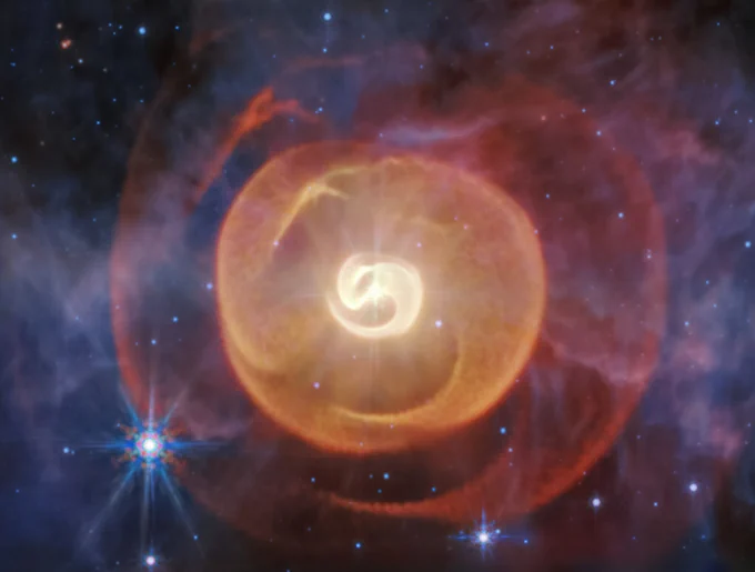 This NASA/ESA/CSA James Webb Space Telescope’s mid-infrared image shows four coiled shells of dust around a pair of Wolf-Rayet stars known as Apep for the first time. Previous observations by other telescopes showed only one.