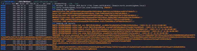 Dumping SAM/LSA secrets via the MSSQL protocol with NetExec.