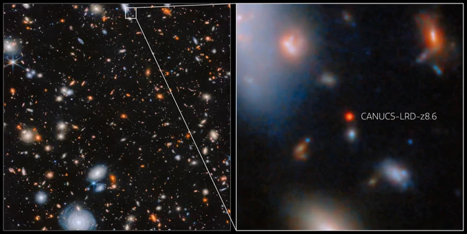 This NASA/ESA/CSA James Webb Space Telescope’s image reveals CANUCS-LRD-z8.6, it is part of a class of small, very distant and strikingly red galaxies called Little Red Dots (LRDs), which have been spotted in increasing numbers by Webb’s surveys of the early Universe. 