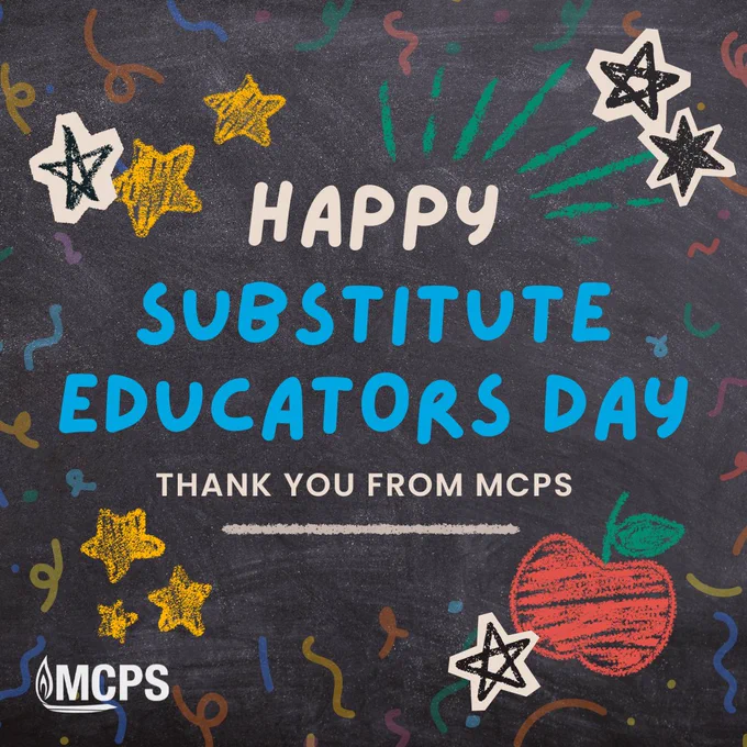 Chalkboard-style graphic celebrating Substitute Educators Day with colorful stars, confetti, and a red apple illustration.