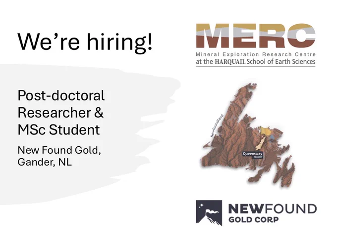 We're hiring! Post-doctoral researcher & MSC Student, New Found Gold, Gander, NL. Images of MERC and New Found Gold logos and a stylized map of NL, Canada. 