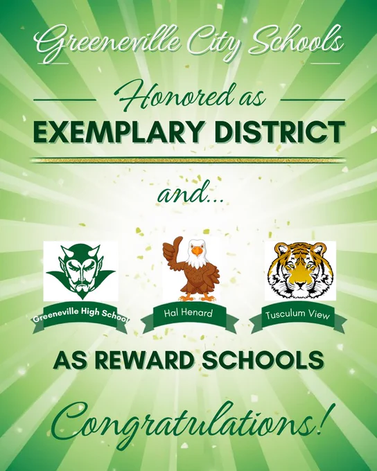 green banner with light rays and gold confetti announcing Greeneville City Schools honored as an Exemplary District. Below, three school logos are displayed: Greeneville High School (green devil mascot), Hal Henard (brown eagle mascot), and Tusculum View (orange tiger mascot), recognized as Reward Schools. The text ends with ‘Congratulations!’ in elegant script.