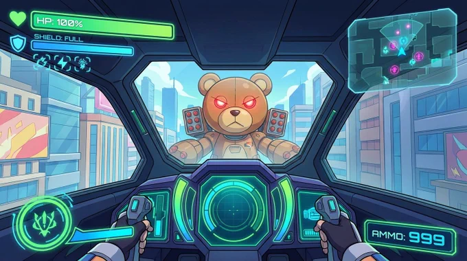 first person shooter interface colorful anime mecha cockpit bright hp bar energy shield meter digital ammo counter floating minimap a teddy bear opponent ahead
