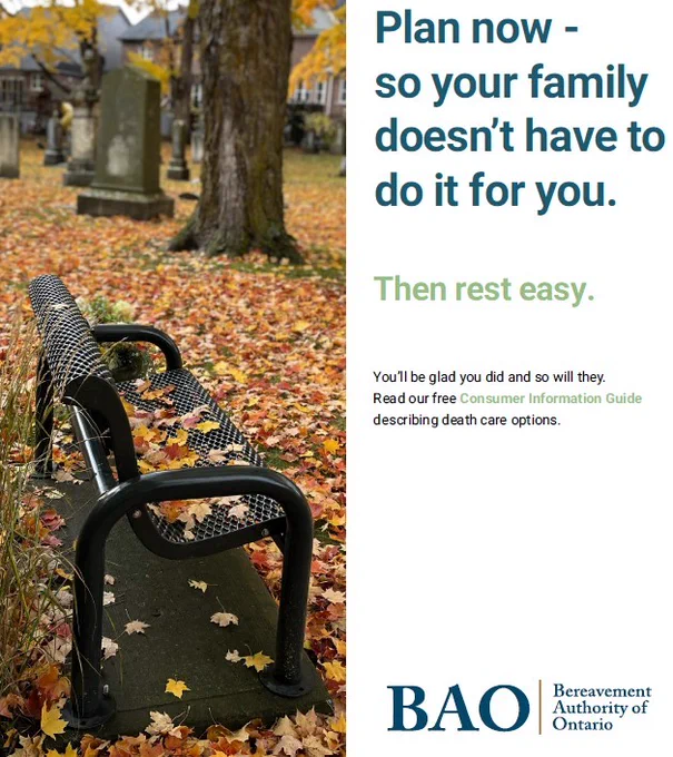 Plan now - so your family doesn't have to do it for you. Photo shows a park bench at a cemetery in autumn. 