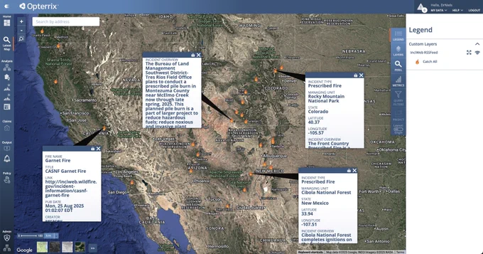 A map of current wildfires and prescribed burns across the Southwest US provided by InciWeb's RSS feed, and visualized on the Opterrix platform.