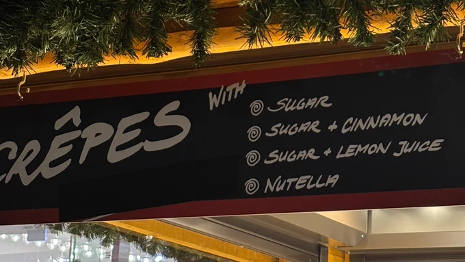 Crepes menu with sugar and cinnamon toppings 