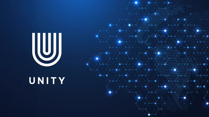 Unity Network graphic showing the Unity logo beside a glowing digital hexagon grid forming a world map, symbolizing a decentralized telecom edge network. Visual represents global device-powered verification, real-world telecom data, carrier-grade routing intelligence, fraud detection, SMS and voice path validation, and enterprise-scale infrastructure powered by distributed smartphone nodes