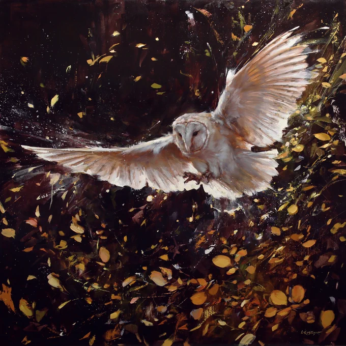 An oil painting showing a barn owl gliding through golden leaves against a dark backdrop, rendered with expressive brushstrokes. Artwork by Lindsey Kustusch, an oil painter. Posted by Abend Gallery in Denver, Colorado, USA.