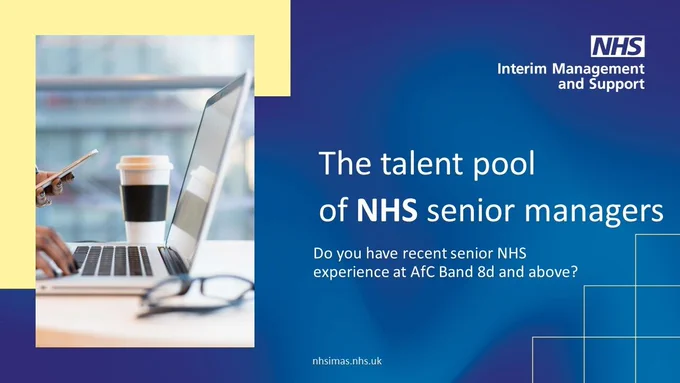 Image of a person working at a laptop, with promotional text "The talent pool of NHS senior managers. Do you have recent senior NHS experience as AfC Band 8d and above?"