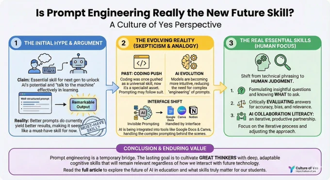 Infographic titled “Is Prompt Engineering Really the New Future Skill?” showing three sections: initial hype, evolving reality, and essential human skills. It explains that while prompts matter now, AI tools are becoming more intuitive and will handle prompting behind the scenes. The infographic highlights the enduring importance of human judgment, asking good questions, evaluating AI answers, and collaborating effectively with AI.