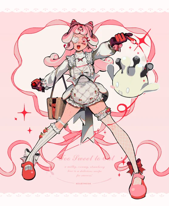velvet (she/her, it/its)

a depiction of my original character, velvet, and her pokémon, milcery! velvet is a pink haired girl with an eyepatch dressed in a white alcremie-inspired outfit with various ruffles, bows, and strawberry decals. she is carrying a picnic-basket shaped purse where she holds her pokéballs! strawberry-shaped accessories are looped inside the buns of her hair.

velvet points to the viewer with an energetic grin as she sics her pokémon on you!

text on graphic:
Too Sweet to Eat
a milky, creamy, strawberry love is a delicious recipé for success!