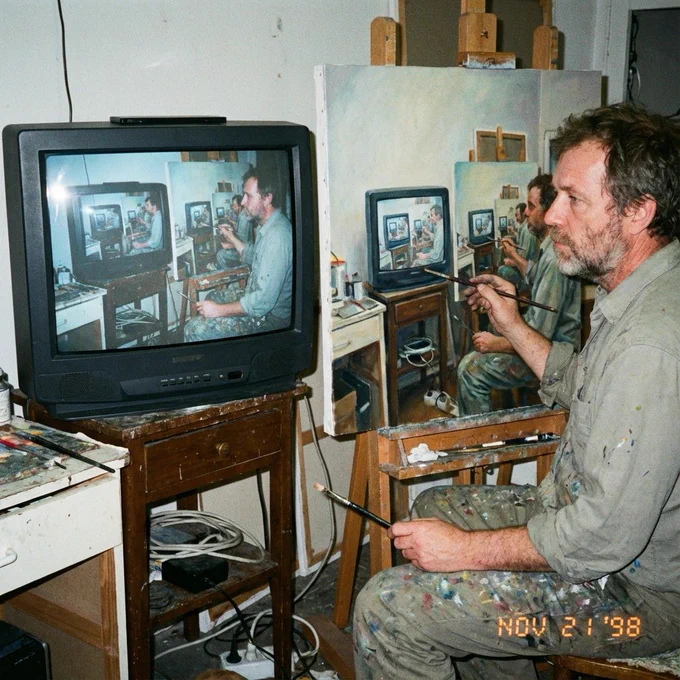 AI-generated image from Nano Banana Pro, mostly conforming to the prompt given with double Droste effect in the computer screen and painting. Some small details are noticeably wrong or differ between iterations of the image.

Original prompt:

> Amateur photograph from 1998 of a middle-aged artist copying an image by hand from a computer screen to an oil painting on stretched canvas, but the image is itself the photo of the artist painting the recursive image.