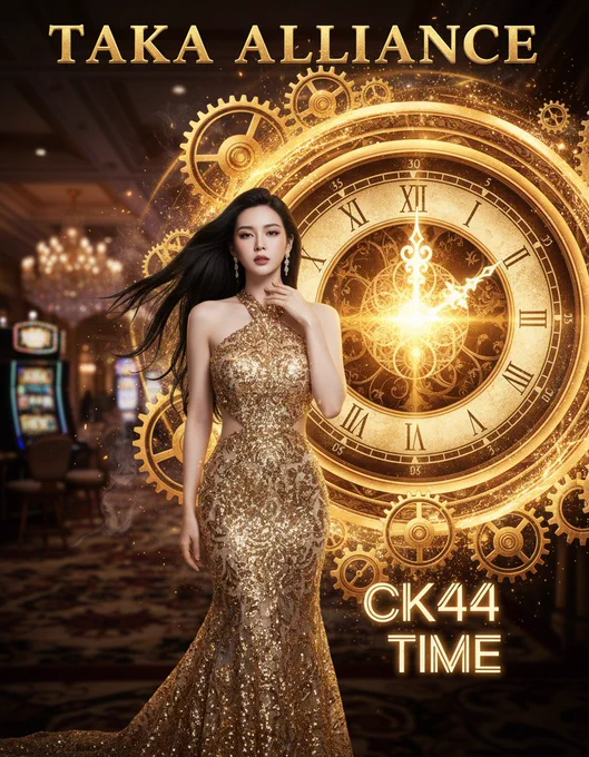 Taka Alliance golden time casino promotion featuring stunning Korean model in gold dress. CK44 Time special event for Bangladesh players at takalliance.com and ck44jili.win. Luxury online slot game poster.