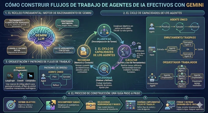 Genera un infografico que explica como construir flujos de trabajo efectivos con gemini