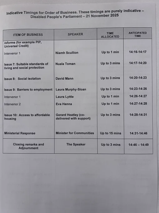 Second page of the Order of business for yesterday’s Disabled People’s Parliament including timings of speakers and issues under discussion.
