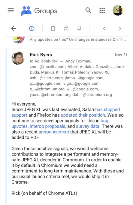Message on the blink-dev mailing list:

"Hi everyone,
Since JPEG XL was last evaluated, Safari has shipped support and Firefox has updated their position. We also continue to see developer signals for this in bug upvotes, Interop proposals, and survey data. There was also a recent announcement that JPEG XL will be added to PDF.
 
Given these positive signals, we would welcome contributions to integrate a performant and memory-safe JPEG XL decoder in Chromium. In order to enable it by default in Chromium we would need a commitment to long-term maintenance. With those and our usual launch criteria met, we would ship it in Chrome.

Rick (on behalf of Chrome ATLs)"