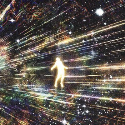 Glowing humanoid silhouette moving through streaks of multicolored light and stars, evoking travel through cosmic space and energy.