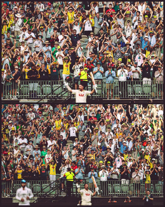 Australia v England: 2025/26 Ashes Series - First Test: Day 2
PERTH, AUSTRALIA - NOVEMBER 22: Fans congratulate Travis Head of Australia as he leaves the field after being dismissed for 123 runs by Brydon Carse of England during day two of the First 2025/26 Ashes Series Test Match between Australia and England at Perth Stadium on November 22, 2025 in Perth, Australia. (Photo by Cameron Spencer/Getty Images)