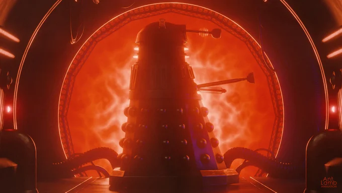 A CG image which shows the silhouette of a Dalek, backed by a large orange circle which floods the whole scene with hot light