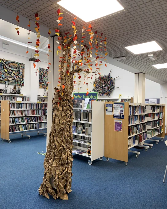 Decorated Autumn tree in Bridport Library