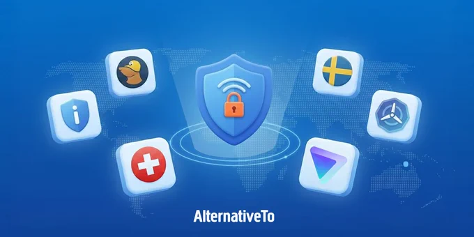 Cover image showing a central shield with a lock surrounded by icons representing the five featured privacy focused VPN services, all arranged over a blue world map background with the AlternativeTo logo at the bottom.