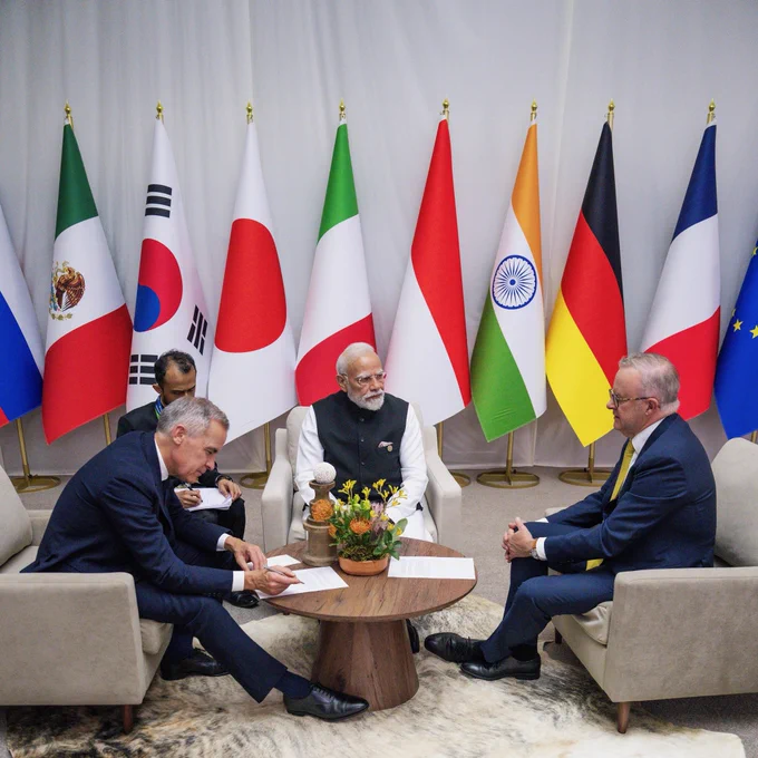 Photo of Prime Minister Carney, Australian Prime Minister Albanese, and Indian Prime Minister Modi.