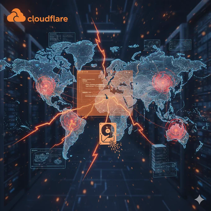 Visual of Cloudflare’s global network experiencing a cascading outage due to a configuration error, showing disrupted connections worldwide.