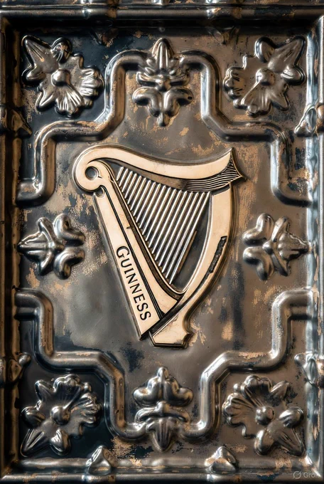 [Guinness logo] debossed into a vintage patterned tin ceiling tile, where intricate floral designs frame the central form and aged patina covers the surface, creating a feeling of nostalgic grandeur, industrial history, and repurposed beauty. Utilise the weathered metallic tones of [dark pewter], [rich stout brown], and [creamy beige] to craft a logo that feels authentically historical, warmly inviting, and richly decorative.