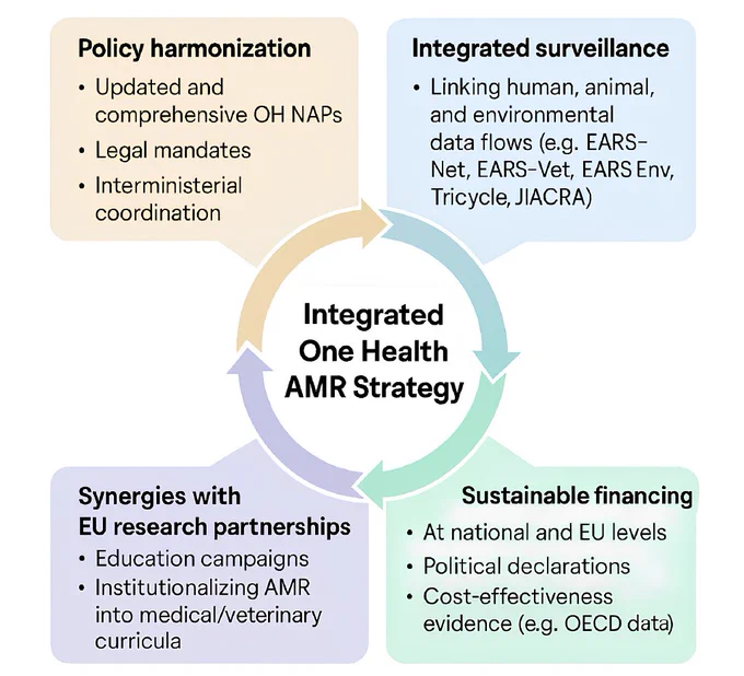 Figure: EU-JAMRAI-2 integrated One Health strategy: four pillars of the urgent call for action against antimicrobial resistance. Copyright:2025 The Author(s). Published by Elsevier Ltd. This is an open access article under the CC BY license 4.0.