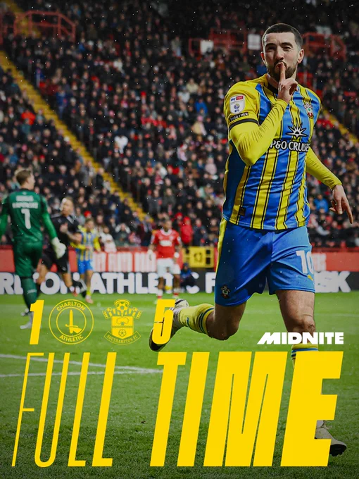 Full time: Charlton 1, Southampton 5. With an image of Finn Azaz celebrating one of his two goals by shushing the home crowd with his right hand to his lips.