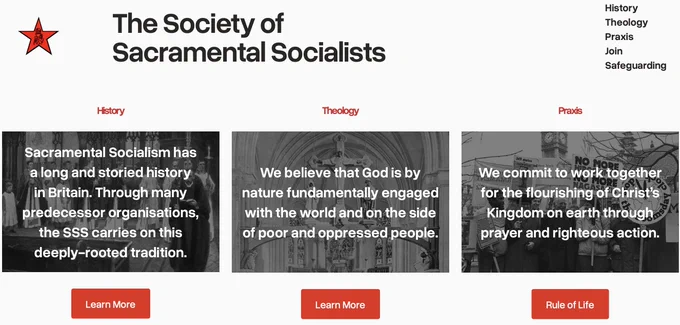 The front page of the new Society of Sacramental Socialists website launched 22 November 2025.