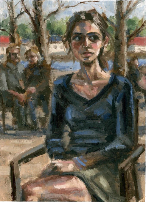 Painting of a woman sitting in a park with people around. Original oil painting by Jon Amdall.