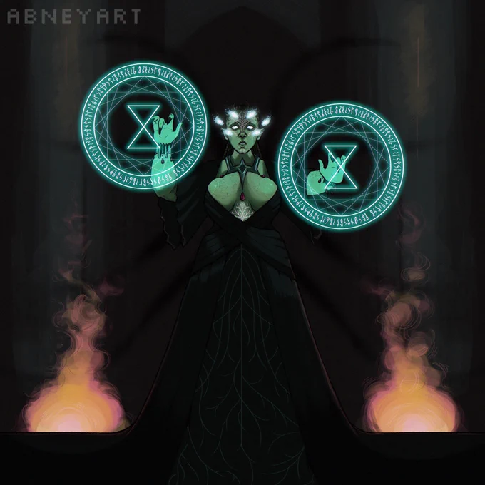 A digital painting of the artist's Inquisitor Lavellan in the fanmade Ancient Arlathan AU.  Her eyes are glowing surrounded by six other glowing magic eyes as she casts magic with an hourglass symbol and Elven script from Dragon Age: the Veilguard. Her vallaslin, Mythal's design, also glows white. Two fires glow on either side of her, and in the background there is the shadow of spider's legs creeping from behind her.