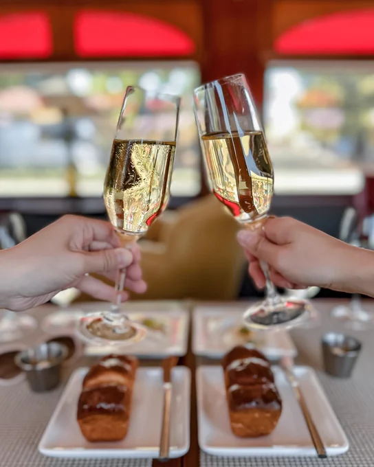 Two people toasting with champagne glasses over a dining table with elegant meals.