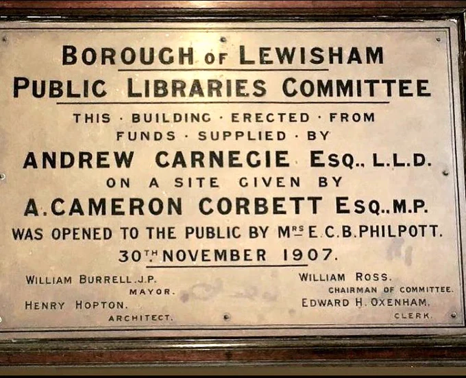 The commemorative plaque for the 30th November 1907 opening of the Archibald Corbett Library can be seen high on the right hand side wall as you enter the foyer of the library.

The library was opened by Mrs ECB Philpott, who was the wife of the vicar of nearby St Andrews’s Church which opened in 1904.