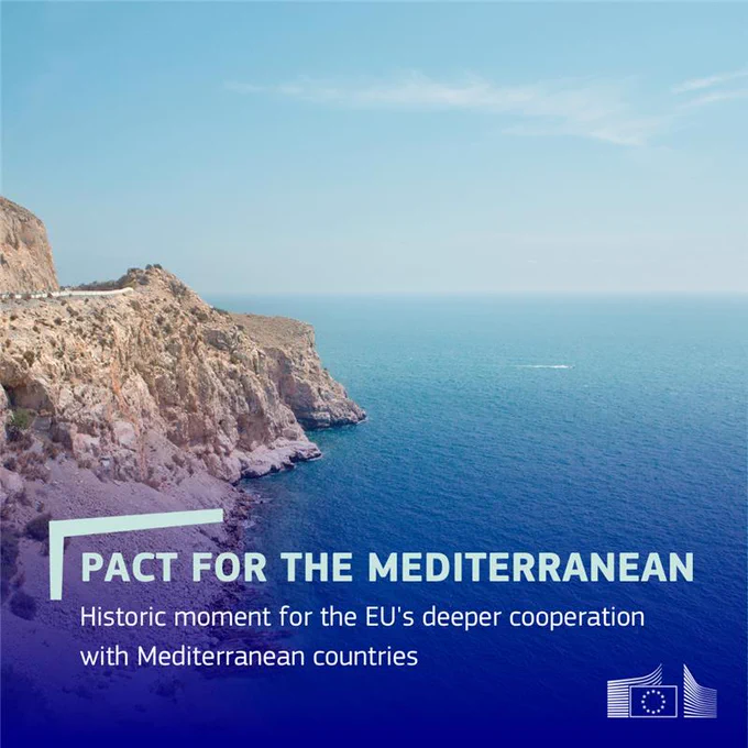 Rocky Mediterranean coastline with clear blue sea under a bright sky. Overlaid text reads ‘Pact for the Mediterranean: Historic moment for the EU’s deeper cooperation with Mediterranean countries,’ accompanied by the European Commission logo.