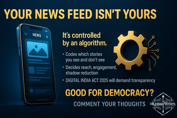 A 3D-style infographic on a dark blue background titled ‘Your News Feed Isn’t Yours’. A glowing 3D smartphone displays a feed preview. On the right, a golden 3D algorithm gear is connected to circuit lines. Text explains that algorithms decide story visibility, reach, engagement, and shadow reduction under Digital India Act 2025 transparency rules. Bottom text asks: ‘Good for Democracy? Comment Your Thoughts'.
