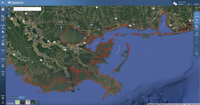 A detailed map of Louisiana and Mississippi's Gulf coastline data from Natural Earth, and visualized in the Opterrix platform.