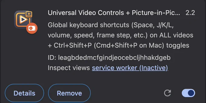 Browser developer tools console displaying the registration of a Chrome extension service worker for 'Universal Video Controls   Picture-in-Picture 2.2'. It shows the script URL, scope as '/', and status as 'registered' with a timestamp of November 23, 2025.