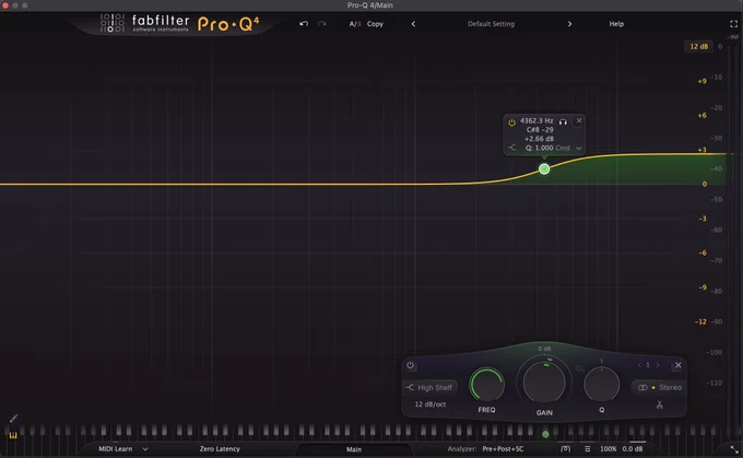 Pro-Q 4 with a  2.66db high shelf at 4.3khz